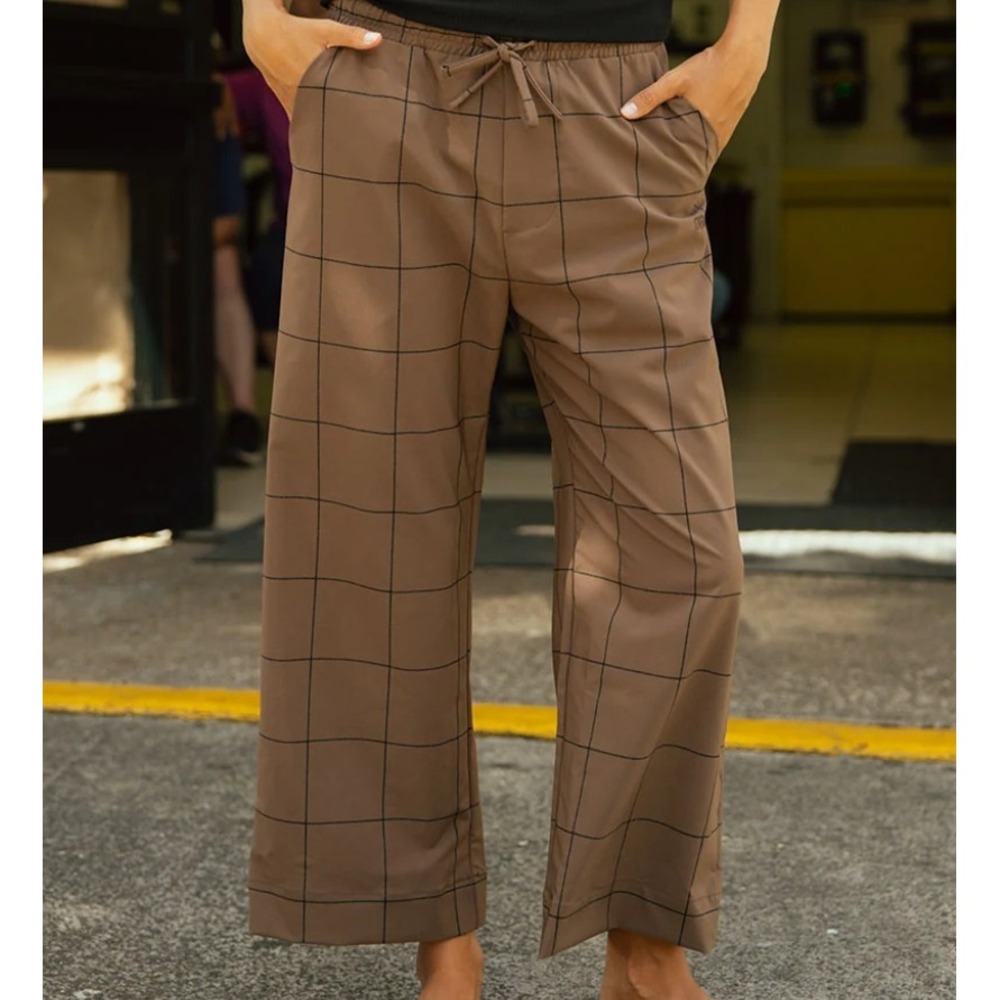 Albion Jetset Crop Pants Size XXL Brown Windowpane Wide Leg Elastic Drawstring - Picture 1 of 11